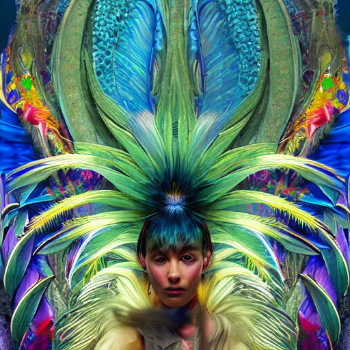 Image similar to A reality bending psychedelic ayahuasca experience, colorful, distorted, surreal, tropical bird feathers, dramatic lighting on the face, intricate, elegant, highly detailed, digital painting, concept art, smooth, sharp focus, illustration, art by Krenz Cushart and Wayne Barlowe and alphonse mucha