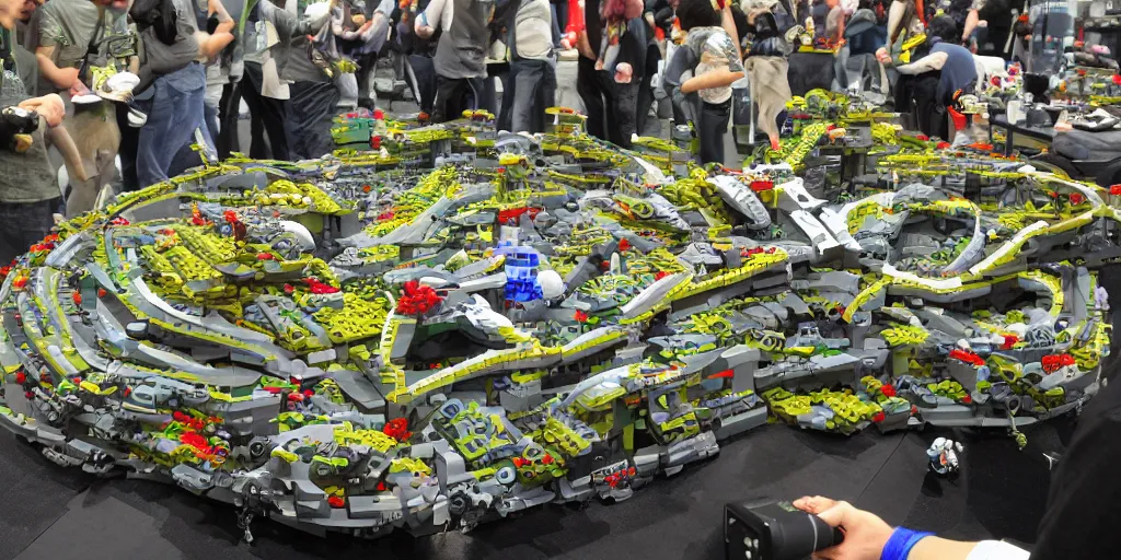 Image similar to wide shot lens photo of a very intricately detailed and epically shaped 3. 5 meter long hovercraft the nebuchadnezzar from the matrix attacked by squid sentinels lego sculpture designed by a master builder as displayed at a lego convention, low angle shot.