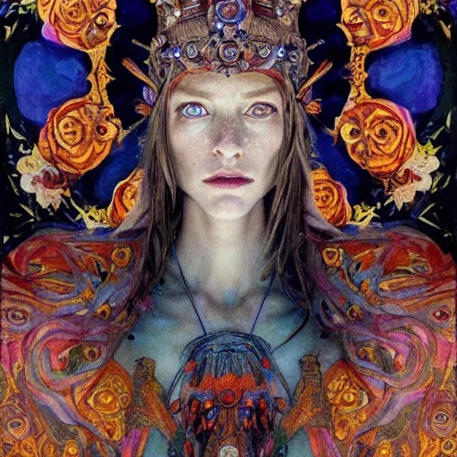 Prompt: the bone crown, by Annie Swynnerton and Nicholas Roerich and Donato Giancola, embroidered robes, floral tattoos, bioluminescent, elaborate costume, geometric ornament, symbolist, soft colors, dramatic lighting, smooth, sharp focus, extremely detailed