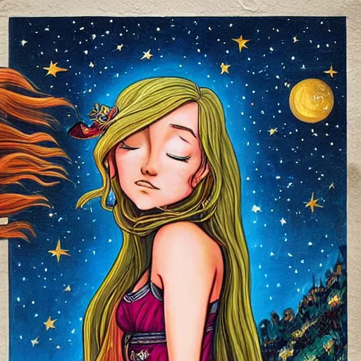 Image similar to Street art. A beautiful illustration of a young girl with long flowing hair, looking up at the stars. She appears to be dreaming or lost in thought. by Tim Shumate, by Carsten Meyerdierks elaborate, precise