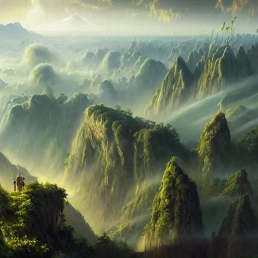 Image similar to a beautiful matte painting of between heaven and earth, wind and clouds, tsunamis, magnificent mountains and rivers, huge palaces and castles ， morning sun, hanging gardens ， magnificent and very vast. greg rutkowski ， eddie h. hinestroza ， clarity, 4 k hd