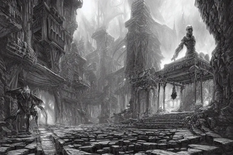 Image similar to black and white drawing point perspective fantasy dungeon you find the motionless lair of archrain, the precise ghost-minotaur,by artgerm and Craig Mullins, James Jean, Andrey Ryabovichev, Mark Simonetti and Peter Morbacher 16k