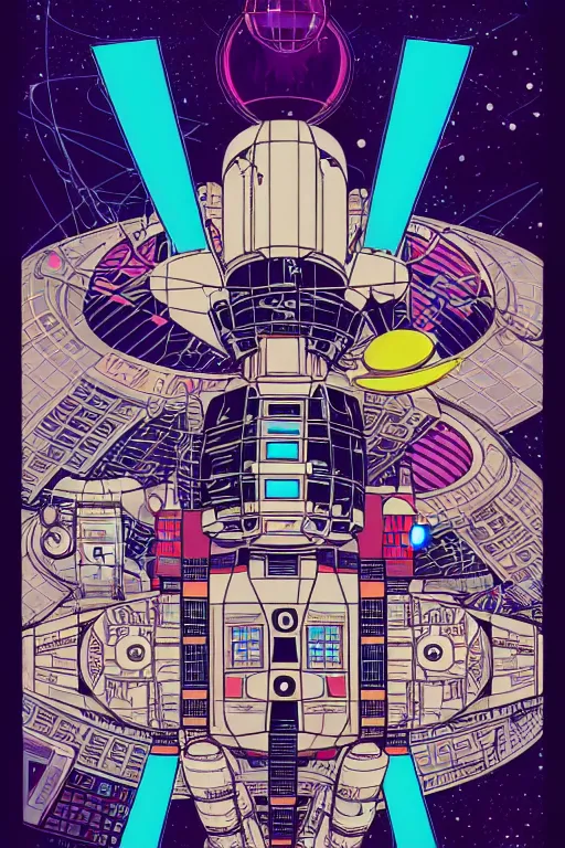 Image similar to drawing of an 8 0 s art deco international space station filled with electronic equipment, japanese gundam mech, robots, led screens, droids, a detailed comic panel by kilian eng, moebius, featured on deviantart, psychedelic art, psychedelic, dmt