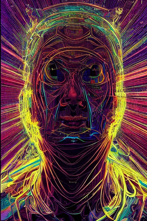 Image similar to A portrait of Thom Yorke as a cyberpunk, iridescent highlights, surrounded by digital swirls, highly detailed, intricate, soft, sci-fi, sharp focus, glowing lines, art by Moebius, Alphonse Mucha