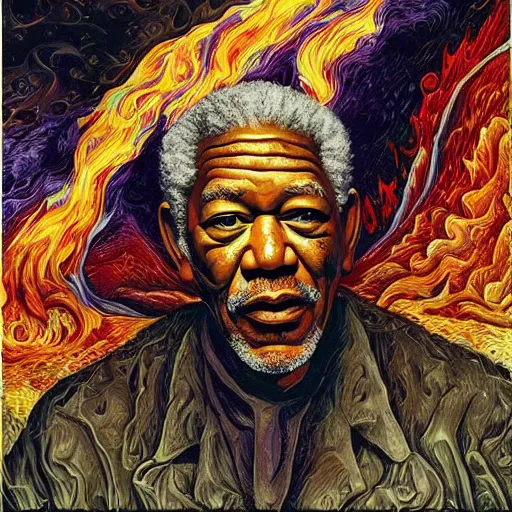 Image similar to morgan freeman as anthropomorphic god of fire, surreal by dan mumford and umberto boccioni, oil on canvas