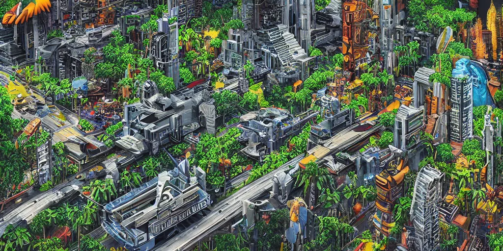 Image similar to cinematic high contrast graphic illustration of hyper detailed highway realistic afro futurist city blocks in a jungle by frank lloyd wright architect, helicopters, wide angle, insanely detailed and intricate