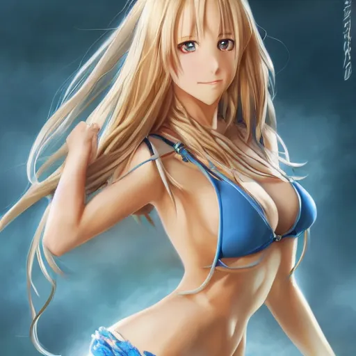 Image similar to a very beautiful mature yuuki asuna, full body, long wavy blond hair, sky blue eyes, full round face, bikini, miniskirt, front view, mid - shot, highly detailed, cinematic wallpaper by stanley artgerm lau