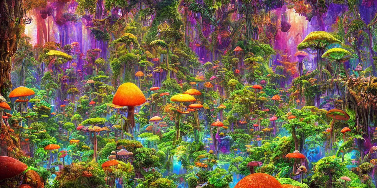 Prompt: lush rainforest in wonderland dmt tripping, sacred geometry details, psychedelic mushrooms, little aliens, by jean giraud, coherent, psychedelic, hyper realism, high detail, vivid colors, octane render, unreal engine, 8 k, smooth gradients, high contrast, depth of field by jacek yerka