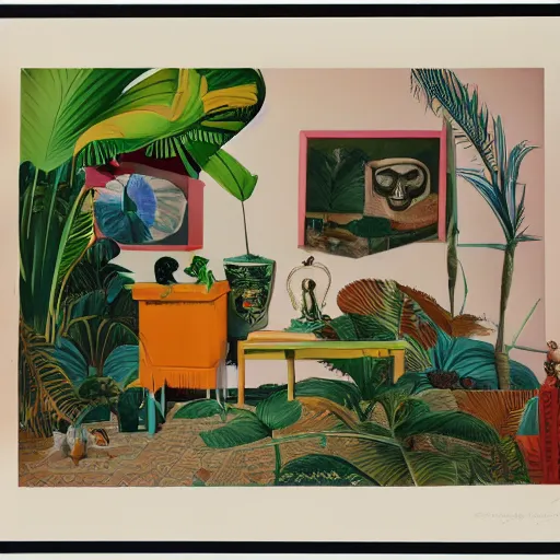 Prompt: An offset photography of a composition of five object on display, colors, (anthropology of wonder), ((((exotic artifacts)))), bauhause, tropicalism, (colonial expedition), exhibition print, 60s style