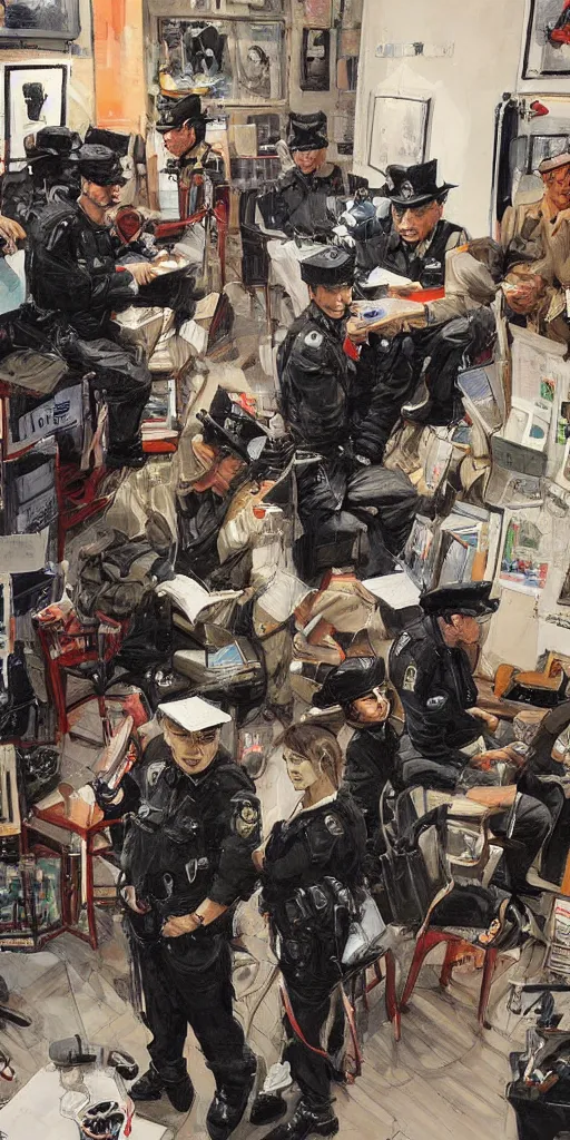 Prompt: oil painting scene from london police office by kim jung gi