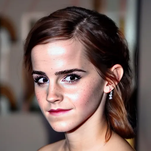 Image similar to portrait photograph of emma watson but her skin looks like avocado skin