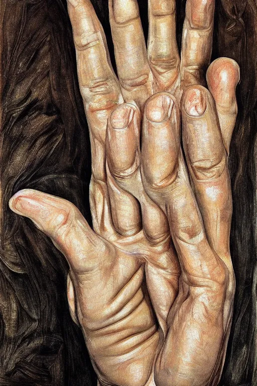 Image similar to detailed study of a human hand, Lucian Freud