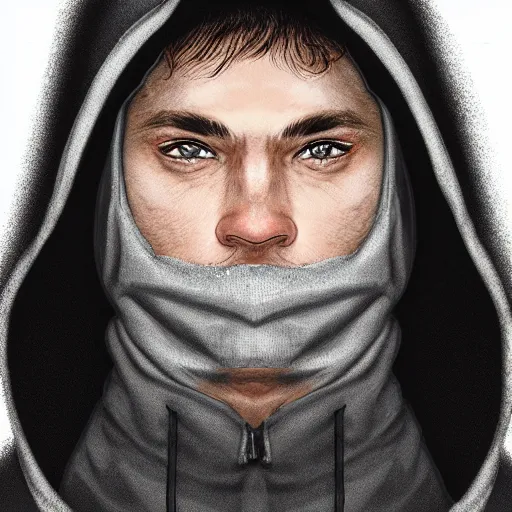 Prompt: a highly detailed headshot portrait of a man wearing a balaclava with a hoodie concept art