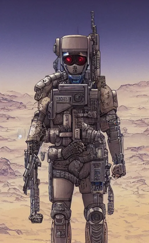 Image similar to a cyberpunk soldier with tactical gear and a rifle patrols a Japanese city on mars, Industrial Scifi, detailed illustration, character portrait, by Martin Grip and Moebius