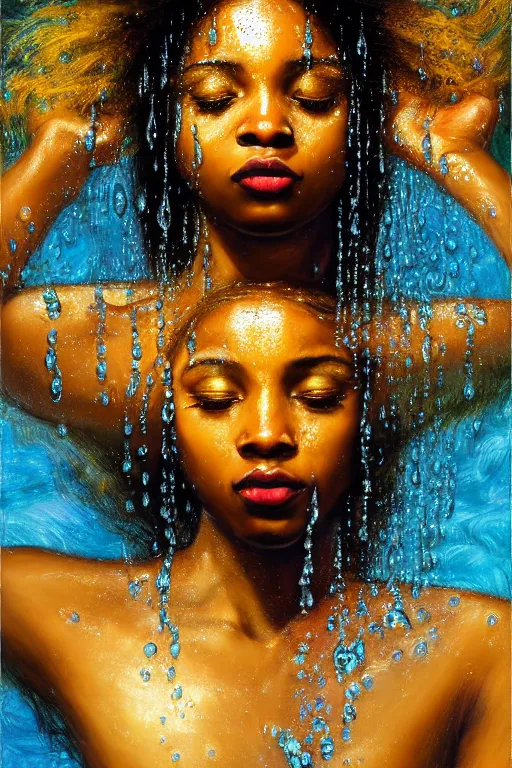 Prompt: photo realistic precisionist cinematic very expressive! oshun goddess, in water! john everett millais, mirror dripping droplet!, gold flowers, highly detailed face, digital art masterpiece, smooth eric zener cam de leon, dramatic pearlescent turquoise light on one side, low angle uhd 8 k, shallow depth of field