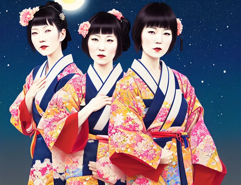 Image similar to two beautiful charming japan girls wear arty kimono in festival | | sunny night, full moon, dreamlike art, realistic shaded, smile, good looking, hyper details, 4 k realistic, cryengine, realistic shaded lighting poster by ilya kuvshinov, fuji choko, ross tran, 8 k resolution, trending on artstation, luxury