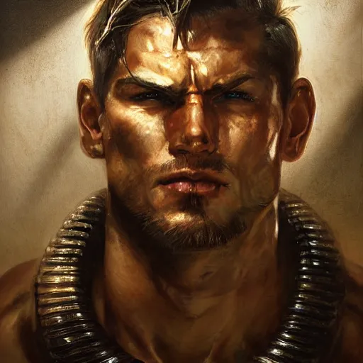 Prompt: handsome portrait of a spartan guy bodybuilder posing, radiant light, caustics, war hero, metal gear solid, cyberpunk, by gaston bussiere, bayard wu, greg rutkowski, giger, maxim verehin