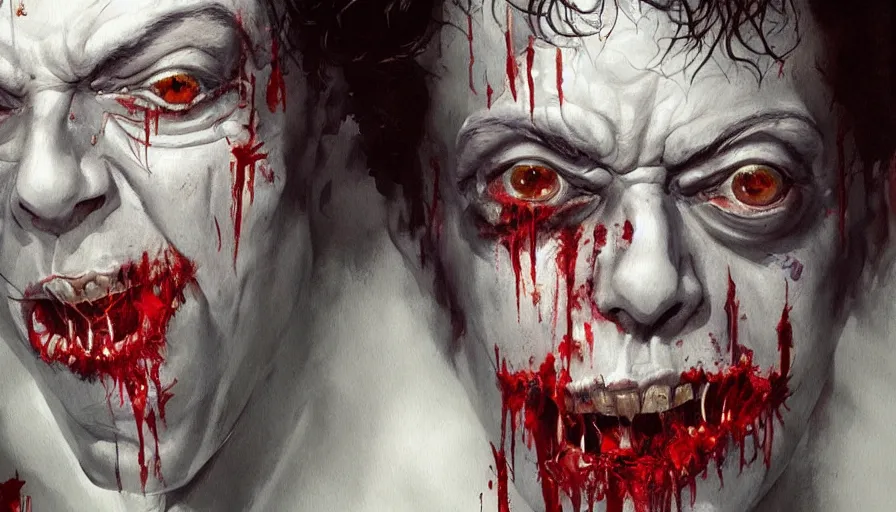 Prompt: A beautiful painting of tim curry as a zombie by greg rutkowski and Kalin Popov , Trending on artstation HD.
