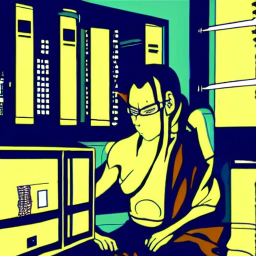 Prompt: cyberpunk mount athos priestly hacker monk meditating in his study surrounded by wires and crt terminals, anime scene interior wide-angle in the style of serial experiments lain, 2d cinematic