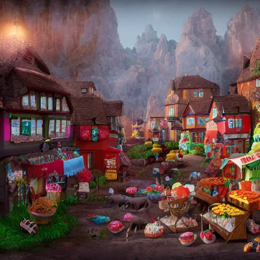 Image similar to Village made of sweets, 4k octane render, detailed art, artstation, streetview, CGSociety, deviantart