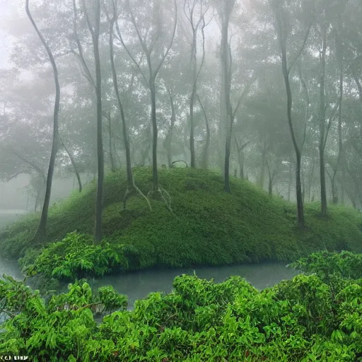 Prompt: hilly island in the middle of a misty fairy swamp, the island has legs, walking island with legs, walking on its legs