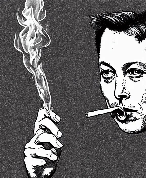 Prompt: a detailed fineliner drawing of elon musk smoking a joint