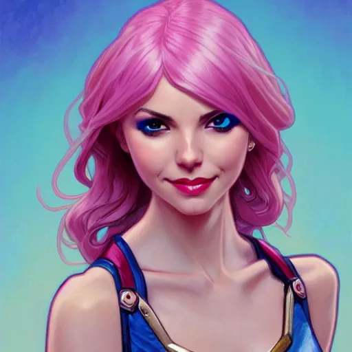 Image similar to Victoria Justice with pink and blonde hair and blue eyes as Gwenpool, western, D&D, fantasy, intricate, elegant, highly detailed, digital painting, artstation, concept art, matte, sharp focus, illustration, art by Artgerm and Greg Rutkowski and Alphonse Mucha