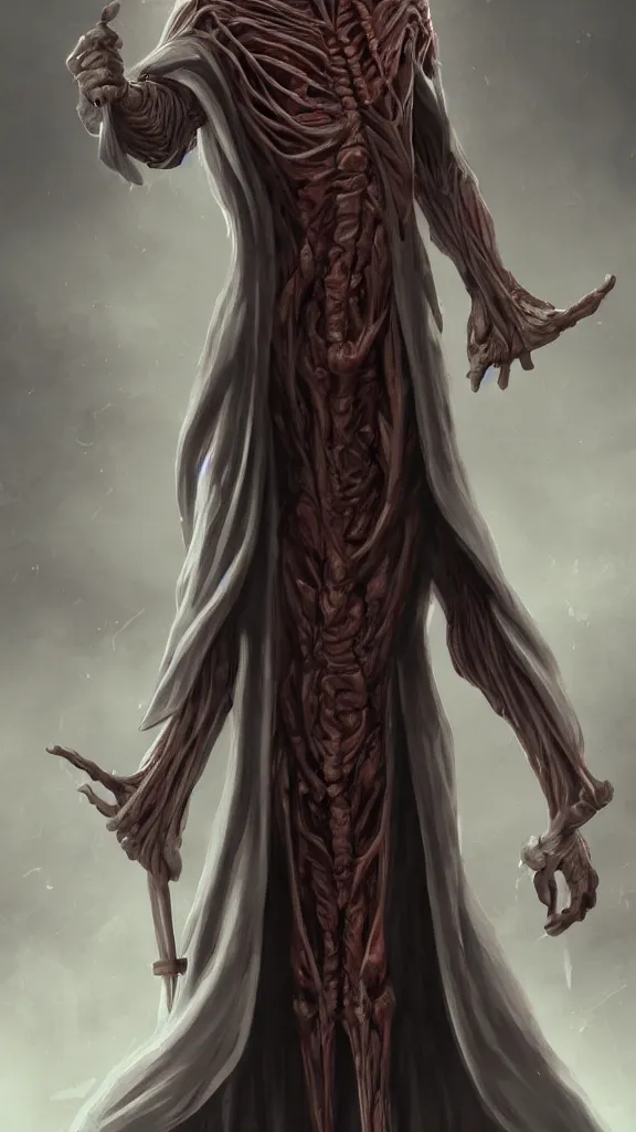 Image similar to plastination wizard, realistic, wearing robes, full body, standing in crypts, artgerm, artstation