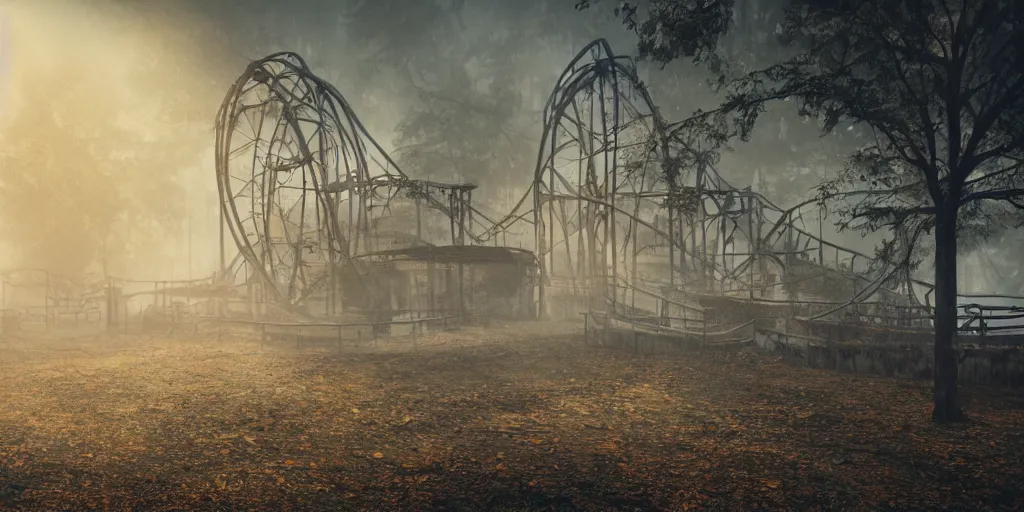 Image similar to creepy view into abandoned theme park with many attractions, fog, rain, volumetric lighting, beautiful, golden hour, sharp focus, highly detailed, cgsociety