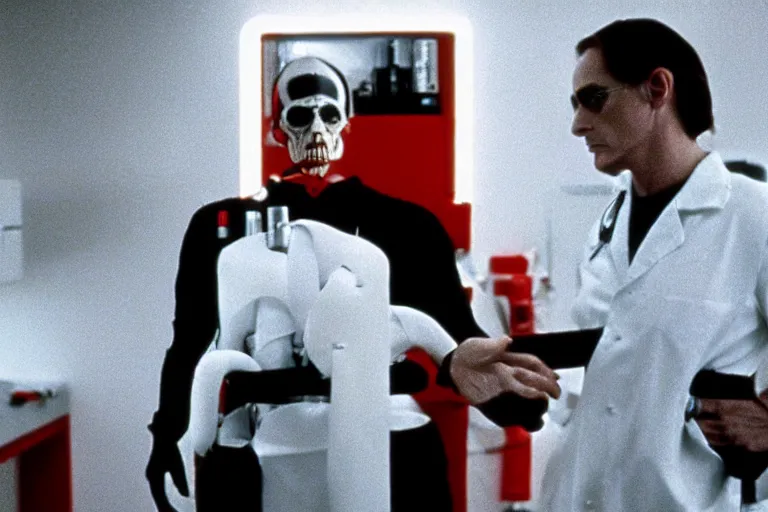 Image similar to a scene from the movie dead ringers with jeremy irons, dark cinematic lighting, heavy black and red palette and color contrast, medical equipment, movie directed by wes craven