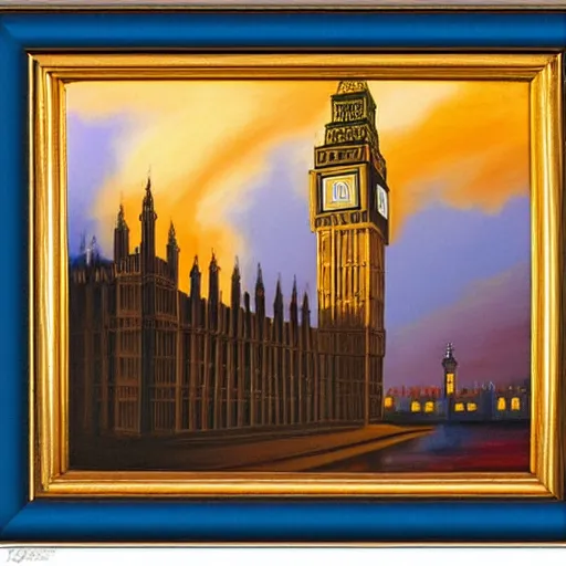 Image similar to detailed, soft, dynamic painting of the Big Ben in flames, burning, arson, professional painting, at dusk