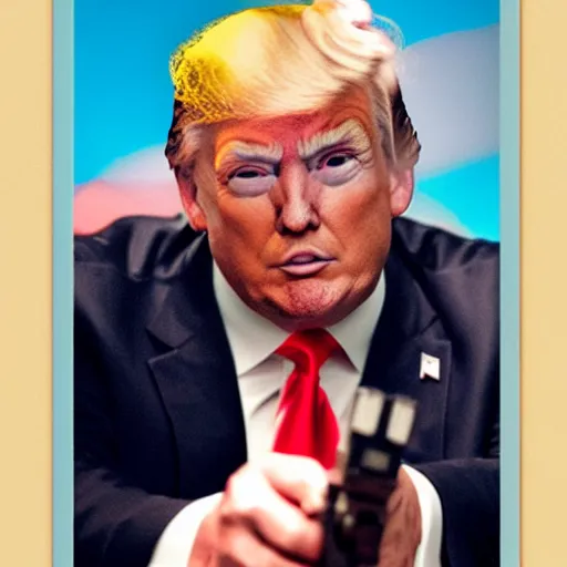 Image similar to a photograph of donald trump with laser eyes pointing a gun at the camera