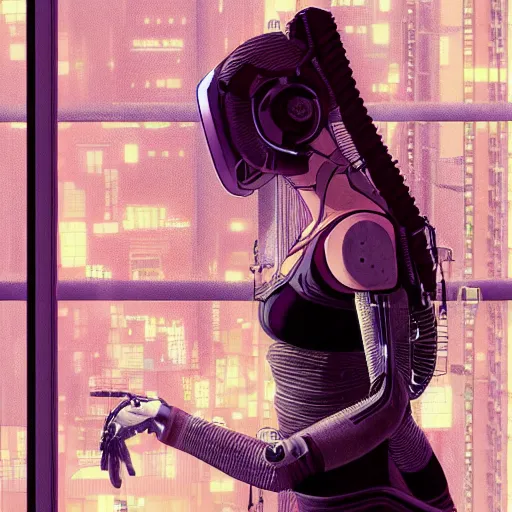 Image similar to portrait of cyberpunk woman looking out of a window, cyberpunk setting, futuristic, highly detailed, intricate lighting, digital painting, sharp focus, illustration, trending on artstation, art by magali villenueve.