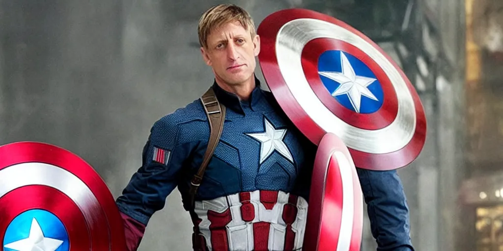 Prompt: “A still of Tony Hawk as Captain America in Marvel’s Avengers”
