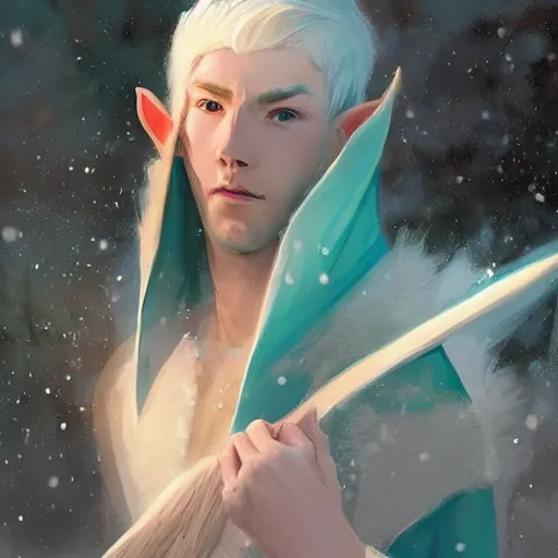 Prompt: handsome pointy - eared male snow elf in a turquoise cape as an archer, albino skin, mid - shot, moonlight snowing, ethereal opalescent mist, winter vibes, perfect face, elegant, very coherent symmetrical artwork, by wenjun lin, krenz cushart, charlie bowater, trending on artstation