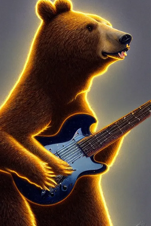 Prompt: realistic bear playing broken lines electric guitar, realistic portrait, symmetrical, highly detailed, digital painting, artstation, concept art, smooth, sharp focus, illustration, cinematic lighting, art by artgerm and greg rutkowski and alphonse mucha