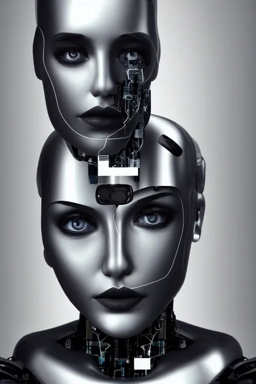 Image similar to robot with human face, female head, woman human face, human face realistic, human head, cyborg frame concept, cyborg by ales-kotnik, sci-fi android female