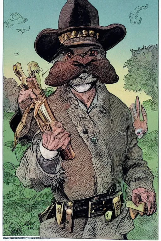 Prompt: vernon. Rabbit with mustache dressed as a sheriff. concept art by James Gurney and Mœbius.