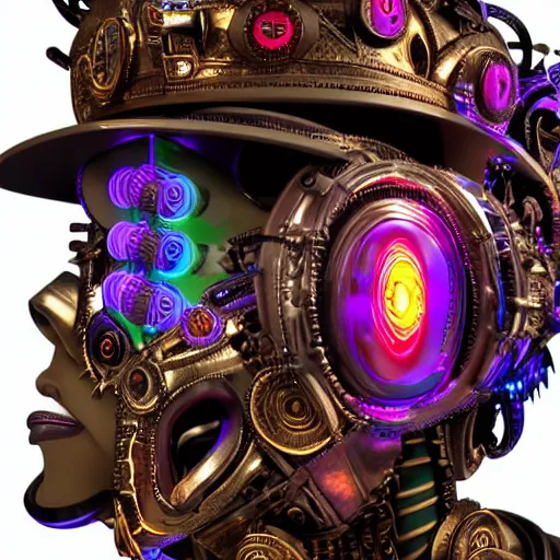 Prompt: portrait of a glossy claymodel of a steampunk aztec futuristic robot head, top of the head is a crown made of wires and multicolored glowing tubes, eyes are multicolored led screen, 8 k, front shot, symetrical, flourescent colors, halluzinogenic, multicolored, insanely detailed, 3 d render, octane