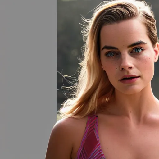 Image similar to a woman who is a genetic combination of margot robbie and emma watson face and upper - body focus