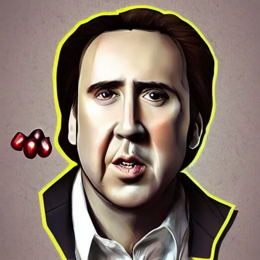 Prompt: nicolas cage with pomegranate body, caricature concept art