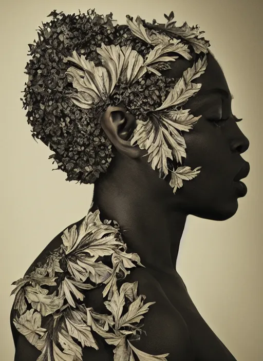 Prompt: a beautiful black woman's face in profile made of leaf and floral skeleton, in the style of the dutch masters and gregory crewdson, white hair, dark and moody aesthetic, 8 k, matte, intricate detail, hyper detailed, surrealism, fantasy, elegant, symmetrical