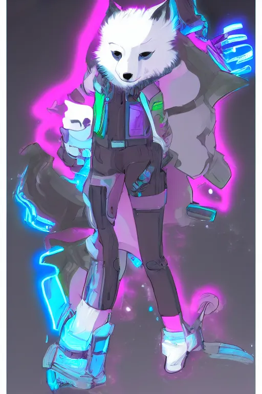 Image similar to a cyberpunk anthropomorphic fox with a fluffy tail, comic art, trending on furaffinity, cartoon, kawaii, backlighting, furry art!!!, neon, concept art