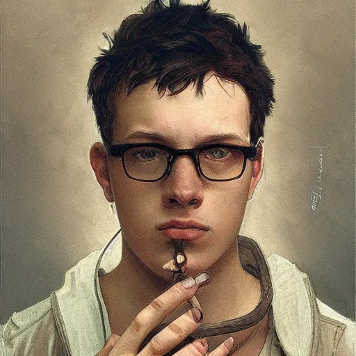 Prompt: portrait of depressed teen, ugly, nerds, hair looks like a helmet, straight stiff dry damaged hair, male, glasses, medium hair, oval face, olive skin color, d & d, concept art, art by greg rutkowski, alphonse mucha and liamrsharps