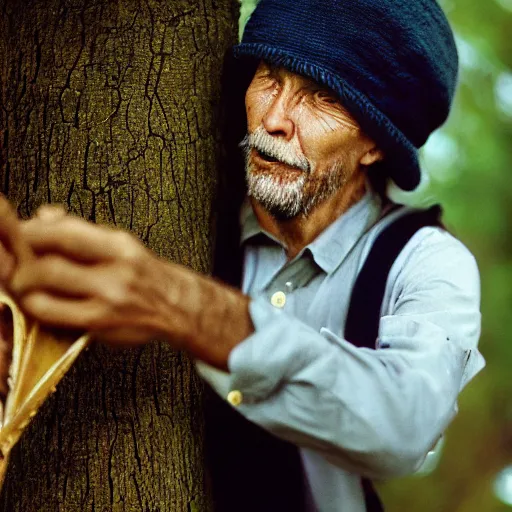 Prompt: closeup portrait of a man with a leafblower fighting a tree, by Steve McCurry and David Lazar, natural light, detailed face, CANON Eos C300, ƒ1.8, 35mm, 8K, medium-format print