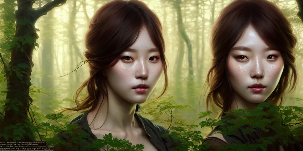 Image similar to beautiful digital painting of a hoyeon jung stylish female forest with high detail, real life skin, freckles, 8 k, stunning detail, works by artgerm, greg rutkowski and alphonse mucha, unreal engine 5, 4 k uhd