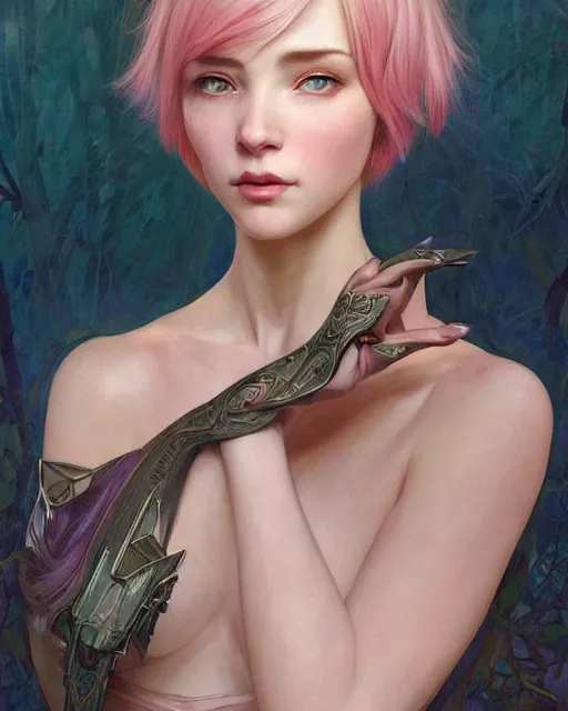 Image similar to portrait of a half elf woman with pink layered bob haircut, intricate, elegant, highly detailed, digital painting, artstation, concept art, smooth, sharp focus, illustration, art by artgerm and greg rutkowski and alphonse mucha and uang guangjian and gil elvgren and sachin teng and wlop, symmetry