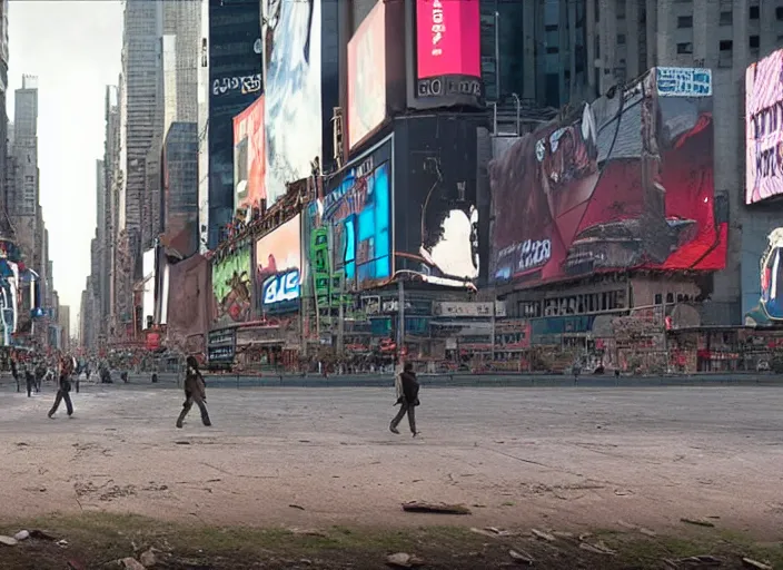 Image similar to film still of post apocalyptic empty time square, overgrown with wildlife walking through in the new sci - fi movie, 8 k