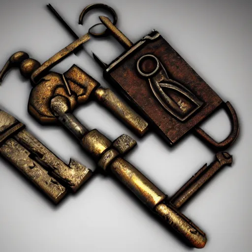 Image similar to a stylised old metal key, key is on the center of the image, rpg game inventory item, on the white background, high poly vray, stylised textures