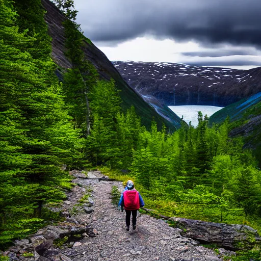 Image similar to walking down a deep norwegian mountain gorge, mountain corridor, norwegian yellow and purple wild flowers, norwegian tall spruce tree forest, mountain lake in distance, beautiful, serene, cinematic, cinematography, landscape photography, realistic, samyang 1 2 mm lens, first person view, 8 k, unreal engine, depth of field,